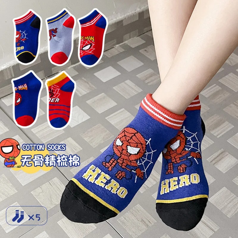 5 Pairs Spiderman Children Socks Anime Kids Boys Short Sock Iron Man Captain America Cartoon Baby Summer Spring Boat Socks 1-12Y