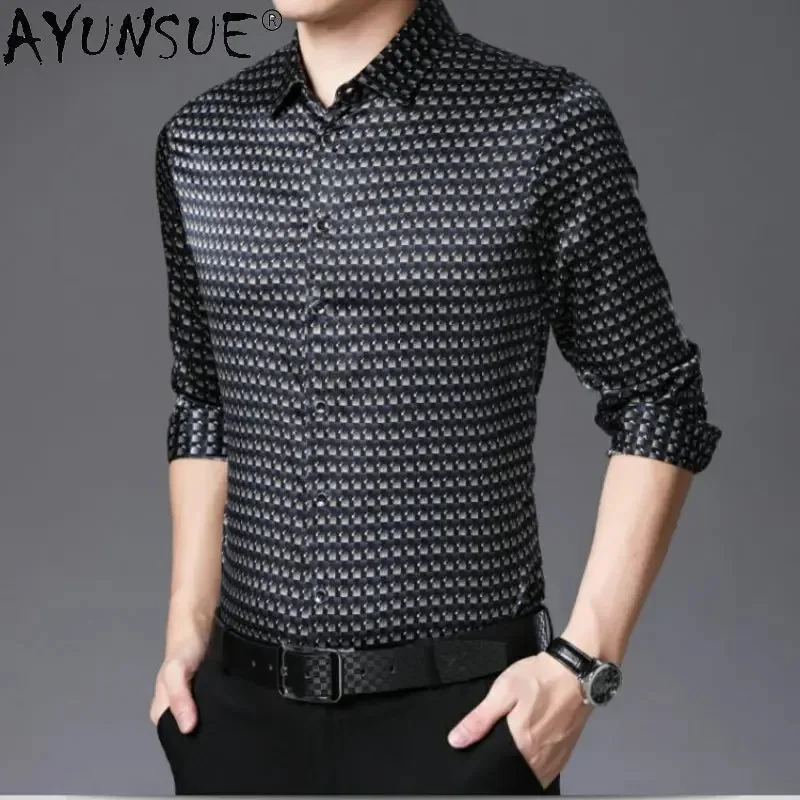 AYUNSUE Mulberry Silk Long Sleeved Shirt for Men New Spring Autumn 's Clothing Fashion Printed Plaid Camisa Hombre