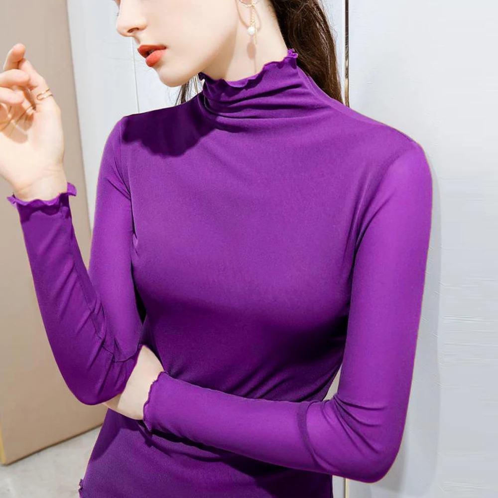 High Neck Sheer Mesh Top Women Long Sleeve Turtleneck T-shirt Korean Sexy See Through Black White Red Purple Shirt S-2XL