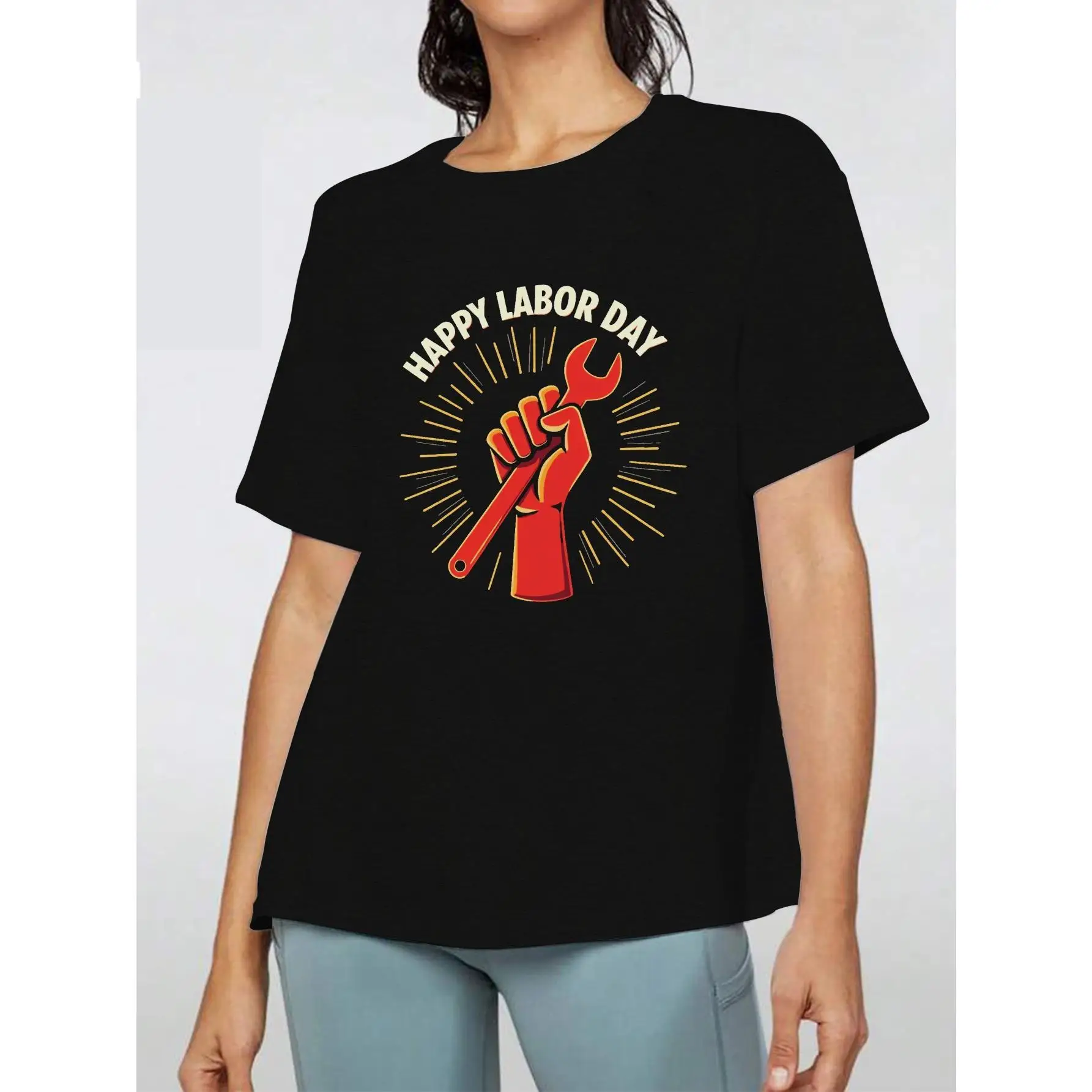 

Men Women Happy Labor Day T-Shirt Worker Fist Wrench Print Pullover Festive Holiday Casual Short Sleeve Top