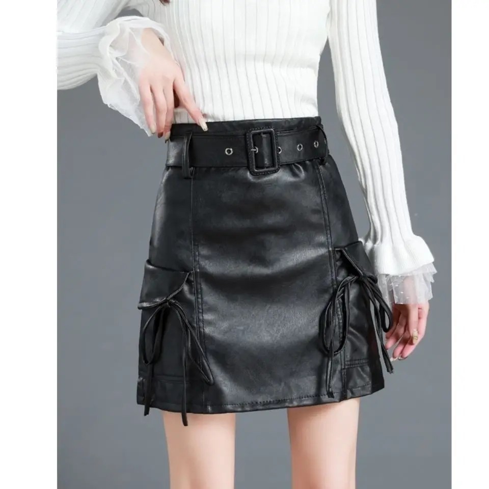 2026 New Autumn Winter Women Package Hip PU Leather Skirt Korean Style Short Skirt Fashion Pocket A-line Skirt Female Culottes