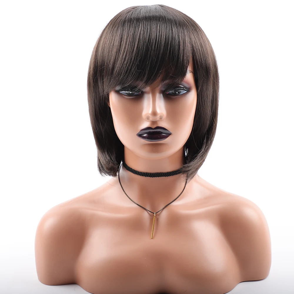 Short Synthetic BOB Wigs for Women Dark Brown Synthetic Straight Hair Wigs Low Temperature Short Synthetic BOB Wigs with Bangs