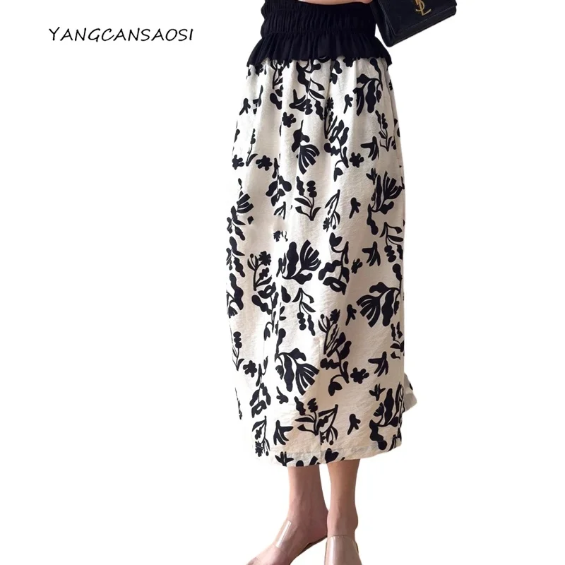 

2025 Women's Fashion Early Autumn Clothing Abstract Print 76% Natural Mulberry Silk Dry Silk Summer Casual Flower Bud Skirt