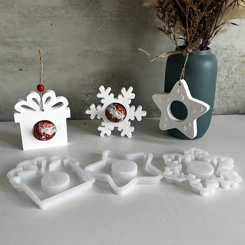 Christmas Hanging Ornament Molds Christmas Gift Snowflake Star Plaster Mold Hollow Xmas Tag Wreath Pendant Silicone Mould 2024