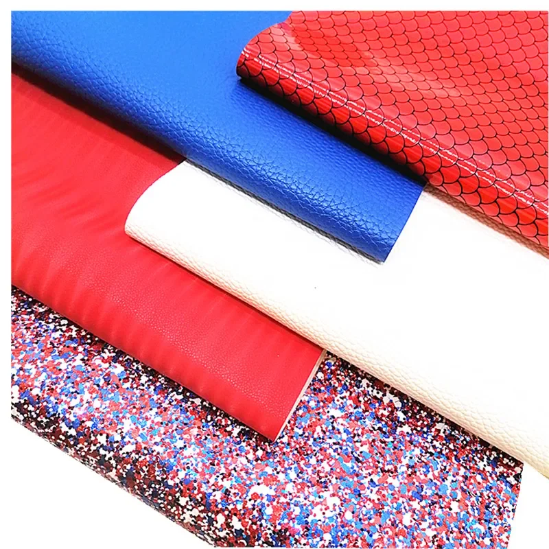 Blue Red Mixed Chunky Glitter Leather Sheets White Blue Litchi Leather Mermaid Faux Leather Iridescent Stripes DIY 21x29CM Y533