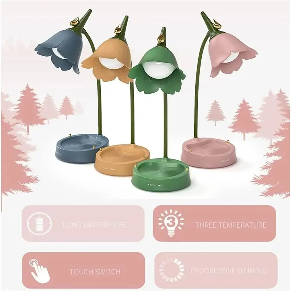 3W LED Desk Lamp Table Light Adjustable Gooseneck Rechargeable Battery Night Light With Mobile Phone Holder For Kids