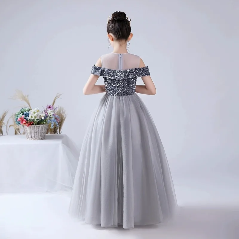 Abito per bambini Abito da principessa con spalle scoperte Gonna in chiffon per ragazze Abito da gioco grigio argento Abito formale da ospite per studenti con paillettes