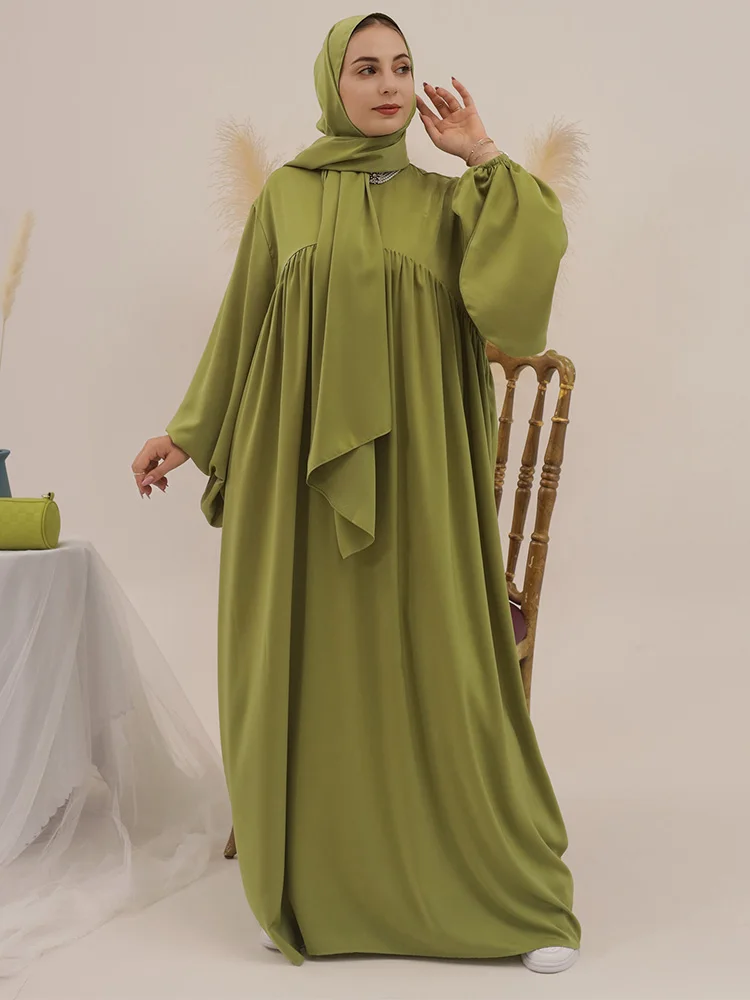 Arabic Moroccan Caftan For Woman Islamic Large Size Clothing With Scarf Modest Solid Lantern Sleeve Muslim Robe Included Pockets