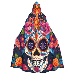 Adult Halloween Day Of The Dead Sugar Skull Print Cloak Cape Hooded Medieval Costume Full Length Dress Coat