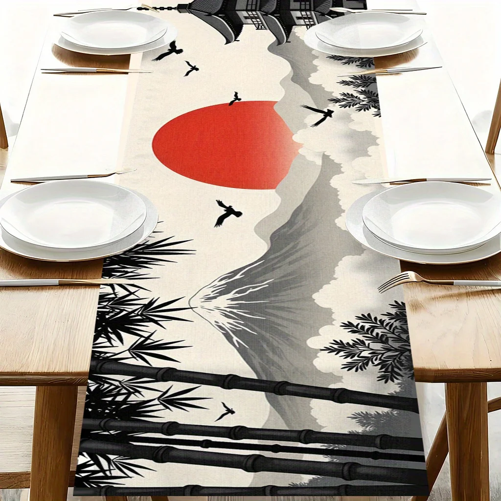 Camino de Mesa con Diseño de Paisaje Japonés en Tinta Lavada, Impresión 2D, Sol Rojo, Accesorio de Decoración para el Hogar, Elegante, Temática Oriental, Duradero para Uso en Mesa