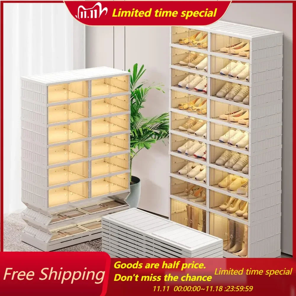 9-Tier Foldable Shoe Rack Organizer for Closet 36Pairs Plastic Shoe Shelf Collapsible Shoes Storage Box Clear Shoe Boxes Stackab