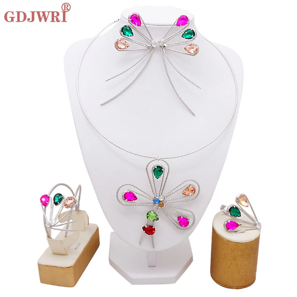

Luxury Africal Wedding Jewelry Set Big Flower Silver Necklace Bracelet Earring Ring For Women Exaggerated Design Jewellry Gift