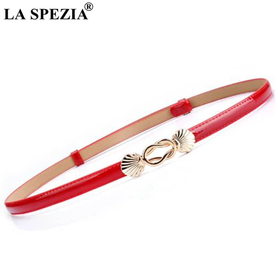 LA SPEZIA Thin Women Belt Double Buckle Blue Ladies Dress Belts Fashion Real Leather Cowskin Female Brand Narrow Waist Belts