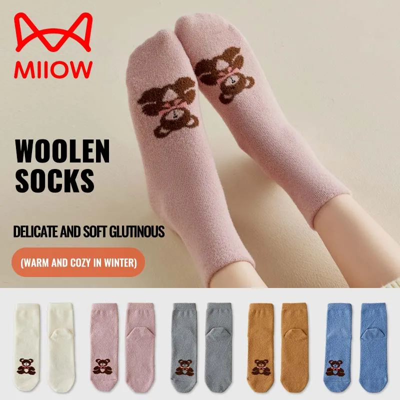 Miiow meias de lã coral de pelúcia mulheres dos desenhos animados bonito ursinho inverno aquecido grosso macio quente casa interior bootie meia pós-parto