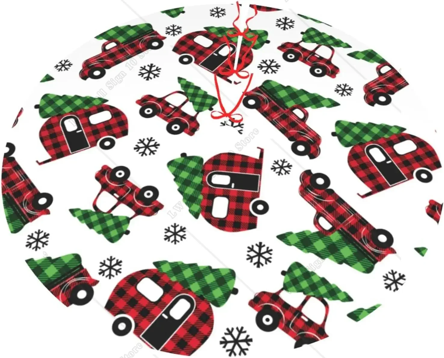 Retro Red Truck Camp Check Snow Tree Green White Christmas Tree Skirt Mat Party Decor Supplies for Xmas Halloween Decorations