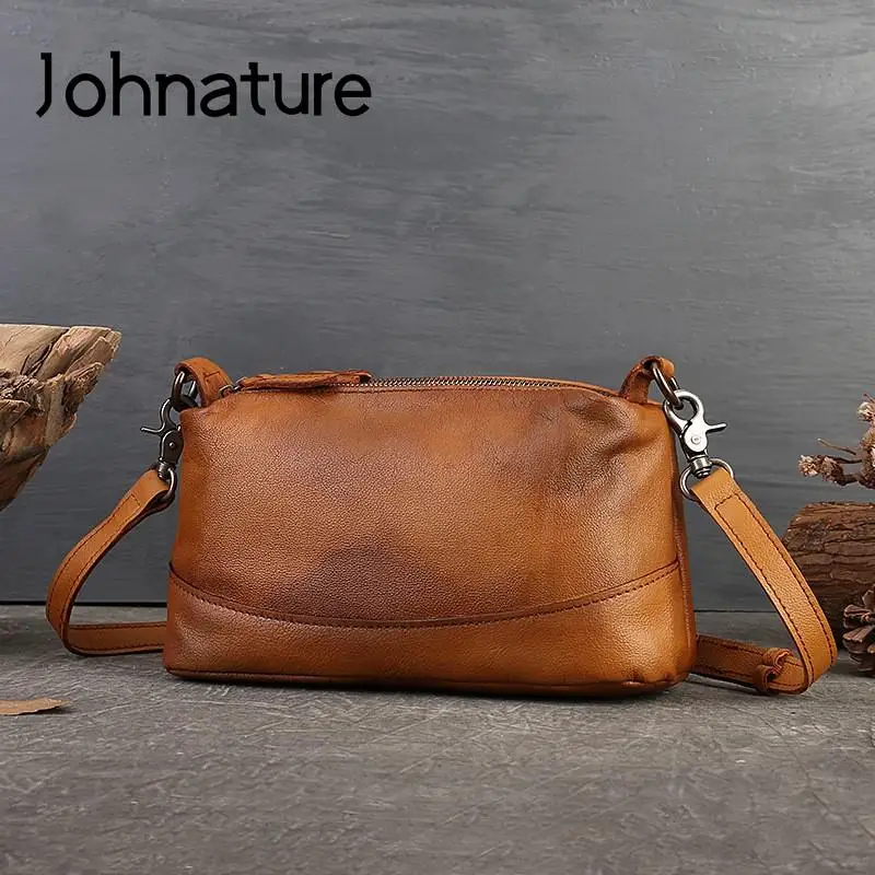 Johnature 2024 New Genuine Leather Handbag Women High Capacity Casual Pillow Bag Vintage Solid Color Shoulder Crossbody Bag