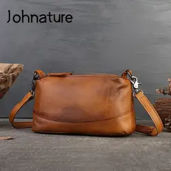 Johnature 2024 New Genuine Leather Handbag Women High Capacity Casual Pillow Bag Vintage Solid Color Shoulder Crossbody Bag