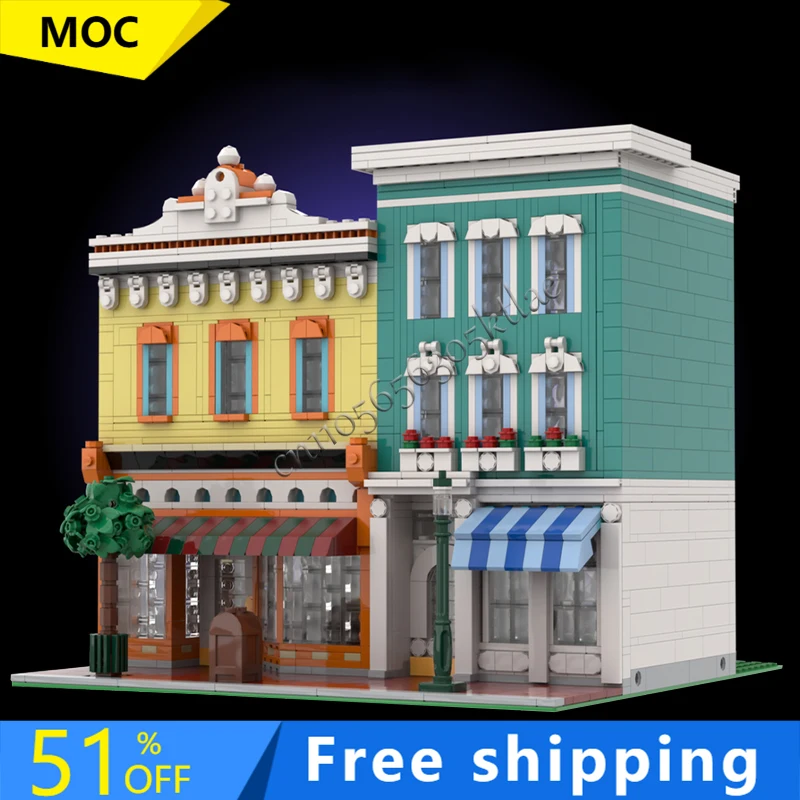 2121PCS MOC City Street Views Modular Luxury Double Decker Bakery Building Blocks Diy Educational Assembly Kid Toy Birthday Gift