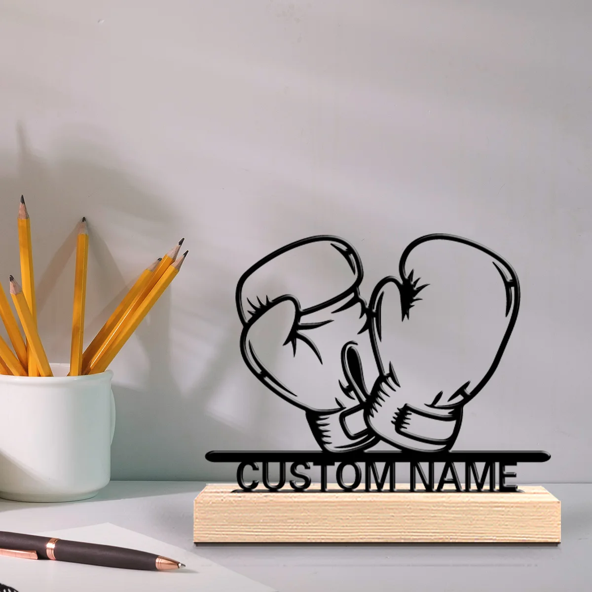 1pc Fashion boxing gloves Personalized Name Metal Statue Iron Ornament Handicraft With Wood Base Tin Sculpture For Girl Gifts