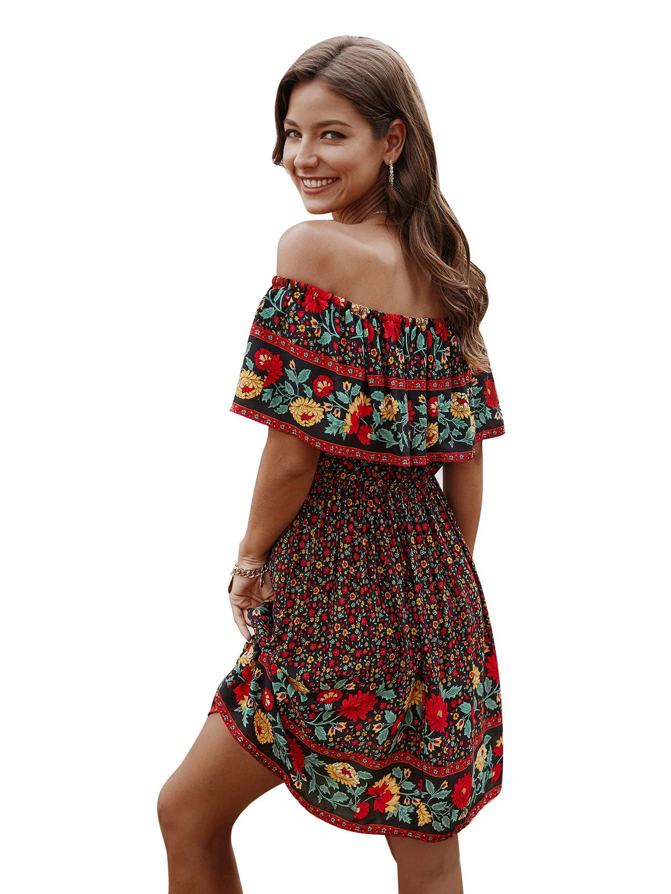 Schulterfreies Minikleid mit Blumendruck für Damen, Rüschenausschnitt und gesmoktem Taillendesign