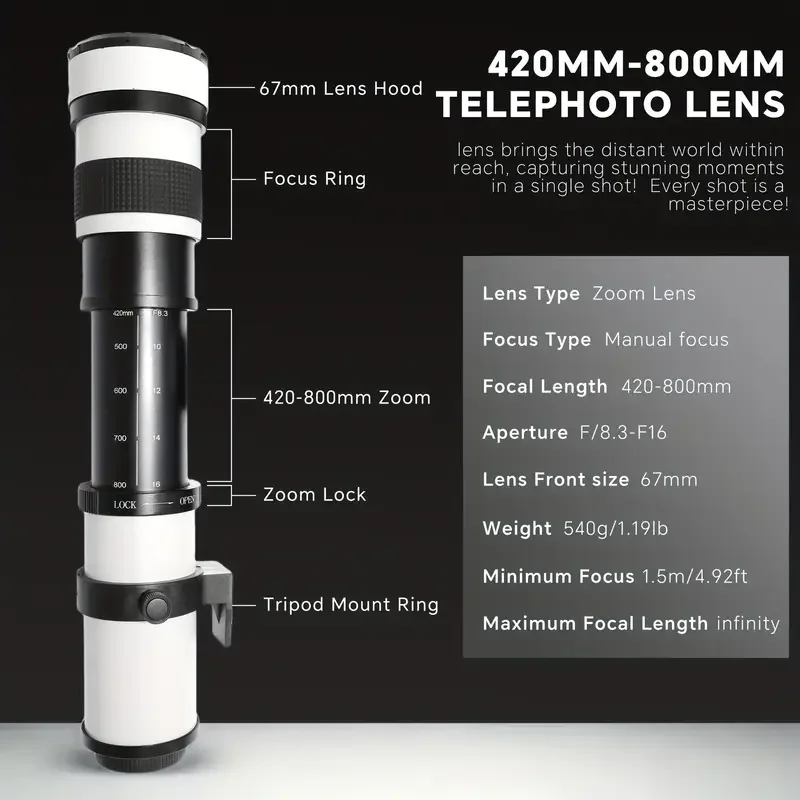 عدسة تكبير تليفوتوغرافي يدوية 420-800 مم f/8.3 هذا العدسة متوافقة مع كاميرات Canon وNikon وSony، مما يجعلها اختيارًا مثاليًا #5