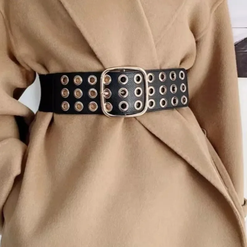 Black Elastic Waistband Fashion Strechy Belt for Women's Suits Gold Eyelet Adjustable Size Wide Belt for Dress