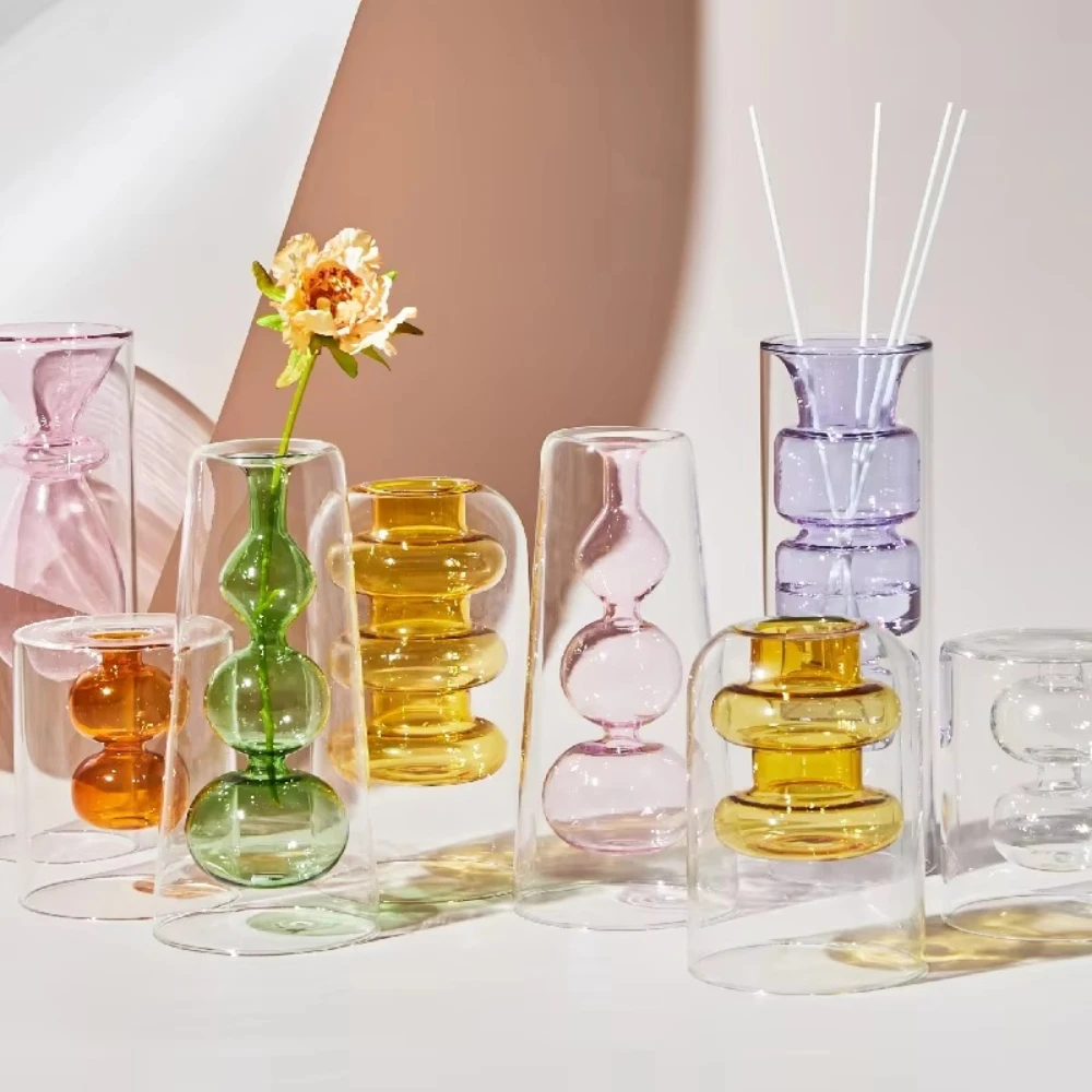 Moderne Einfache Glas-Kreativvase Doppelt Transparent Farbige Hydroponische Glasvase Nordischer Stil Wohnungsdekoration Accessoires