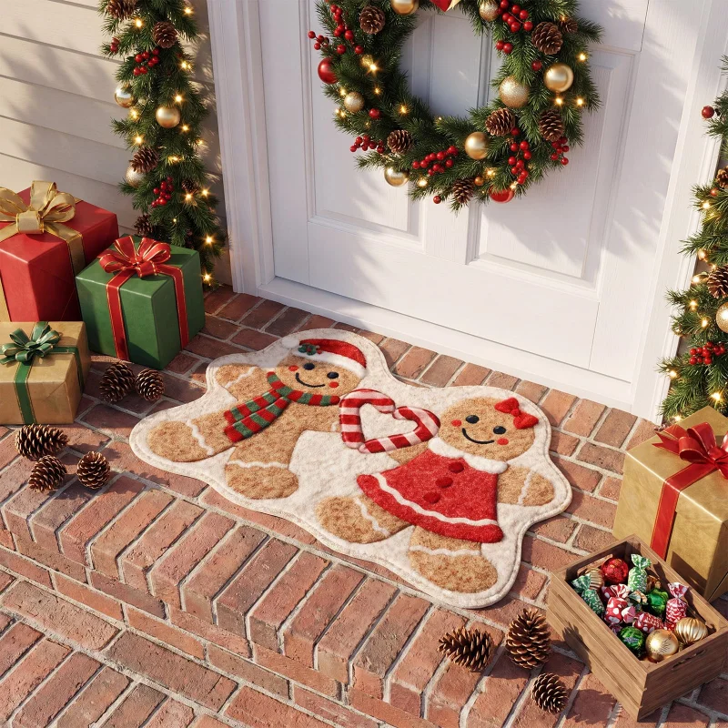 VIKAMA Christmas Gingerbread Couple Rug Irregular Shape Cookie Man Woman Non Slip Soft Flannel Floor Mat for Bedroom Living Room