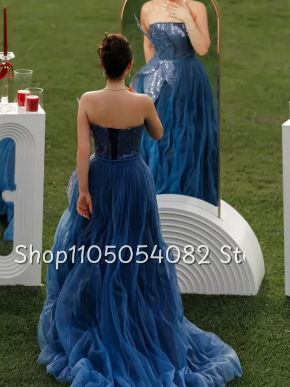 Vestido de novia azul tubo único, lentejuelas sin tirantes, flor estereoscópica, línea A, plisado y suelo, vestido de novia personalizado