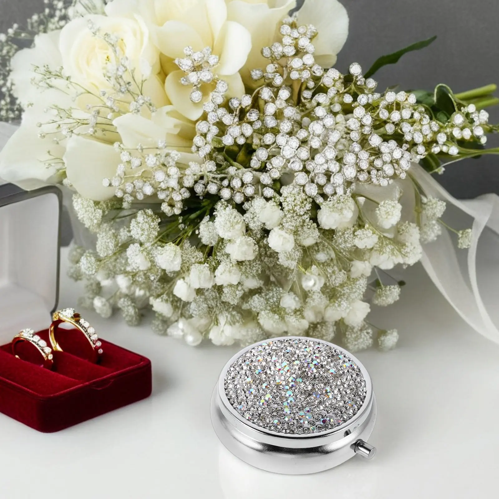 

Mini Portable Rhinestone Pill Organizer Compact Metal Medicine Storage Box Travel Office Daily Use Pill Holder