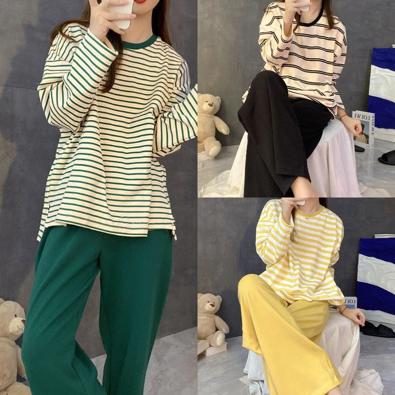 2PCS/Set Fashion Soft O-Neck Striped Women Pajamas Autumn Winter with Chest Pads Long-Sleeved School Sleepwear Easy to Clean