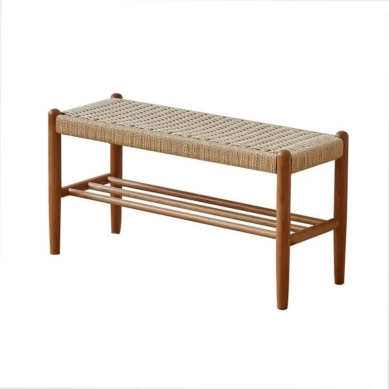 Shoe changing stool Japanese oak entrance door double-layer shoe rack walnut entrance stool