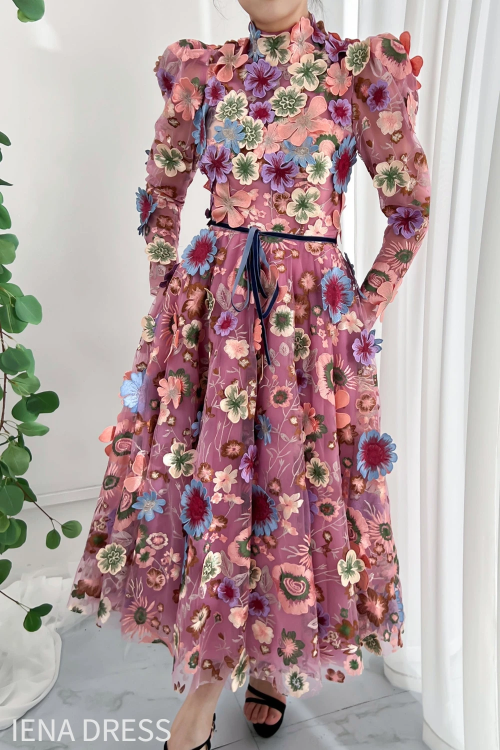 18228#Elegant Mauve 3D Embroidered Flower Winter Wedding Dress with Full Sleeves Tea-length High Neck Women Evening Party Gown