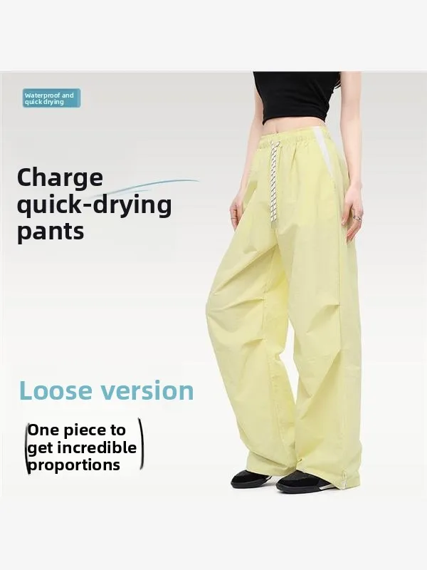 Pantalones deportivos Qui Dry de nailon de cintura alta para mujer, novedad de verano, ropa de trabajo informal de pierna ancha con puños Dstring, reflectante Ciwalk