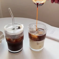 1PCS 400ml Stripe Glass Cup Transparent Glasses With Lid and Straw Ice Coffee Mug Tea Cup Juice Glass Milk Water Cup Drinkware