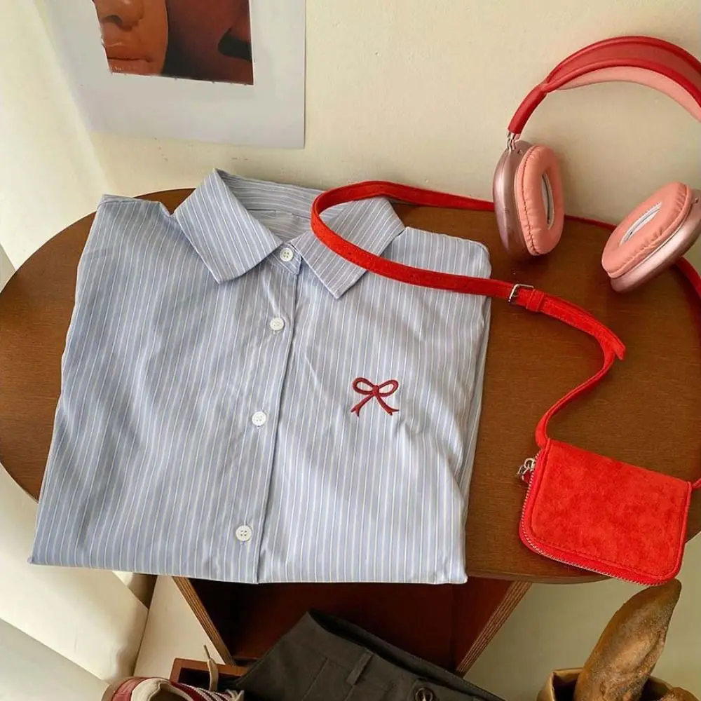 

Y2K полосатые рубашки на пуговицах с вышивкой и бантом в консервативном стиле, полосатая блузка, женская свободная весенне-осенняя блузка с длинными рукавами для девочек