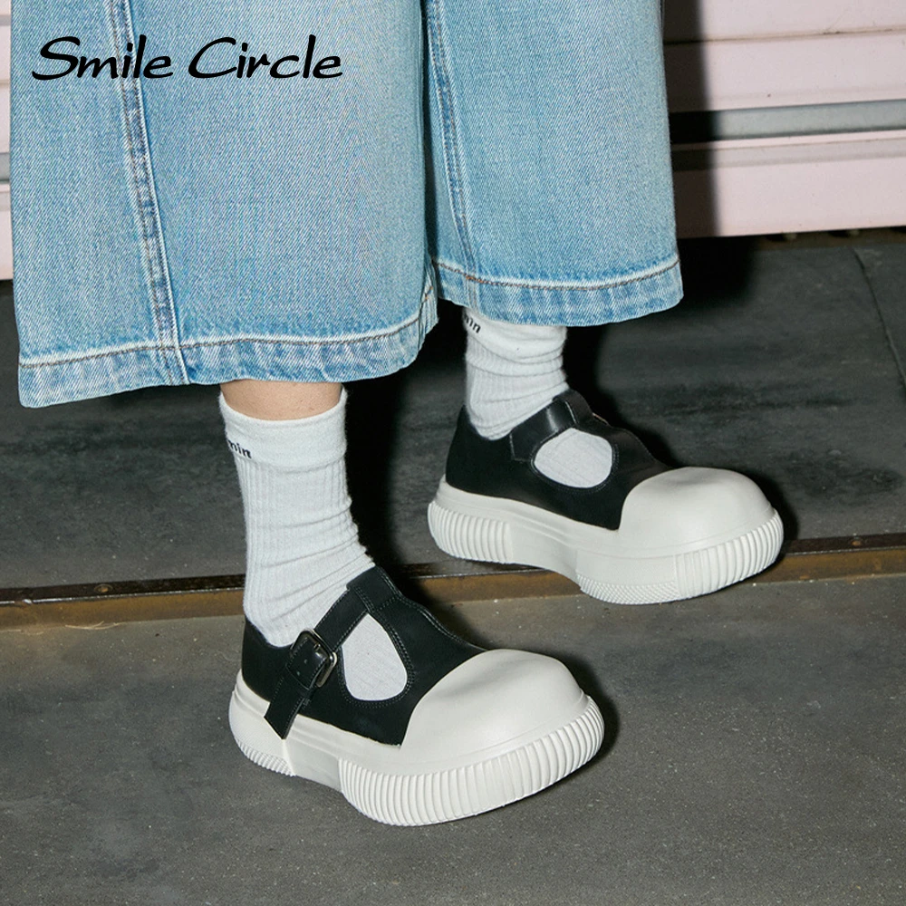 Buty na co dzień Smile Circle Słodkie i wszechstronne buty na płaskiej platformie Okrągłe palce Śliczne koreańskie buty damskie na co dzień