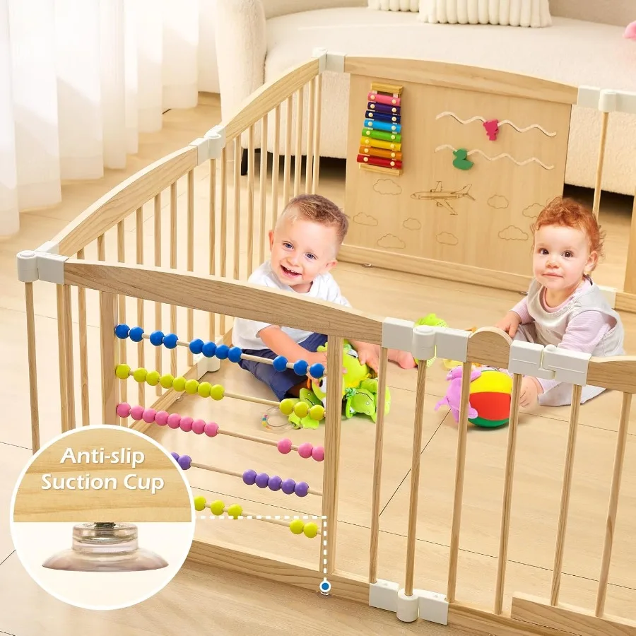 Drewniany kojec dla niemowląt i małych dzieci, składany kojec z blokadą, regulowany rozmiar i kształt, plac zabaw dla dzieci, 8 paneli.