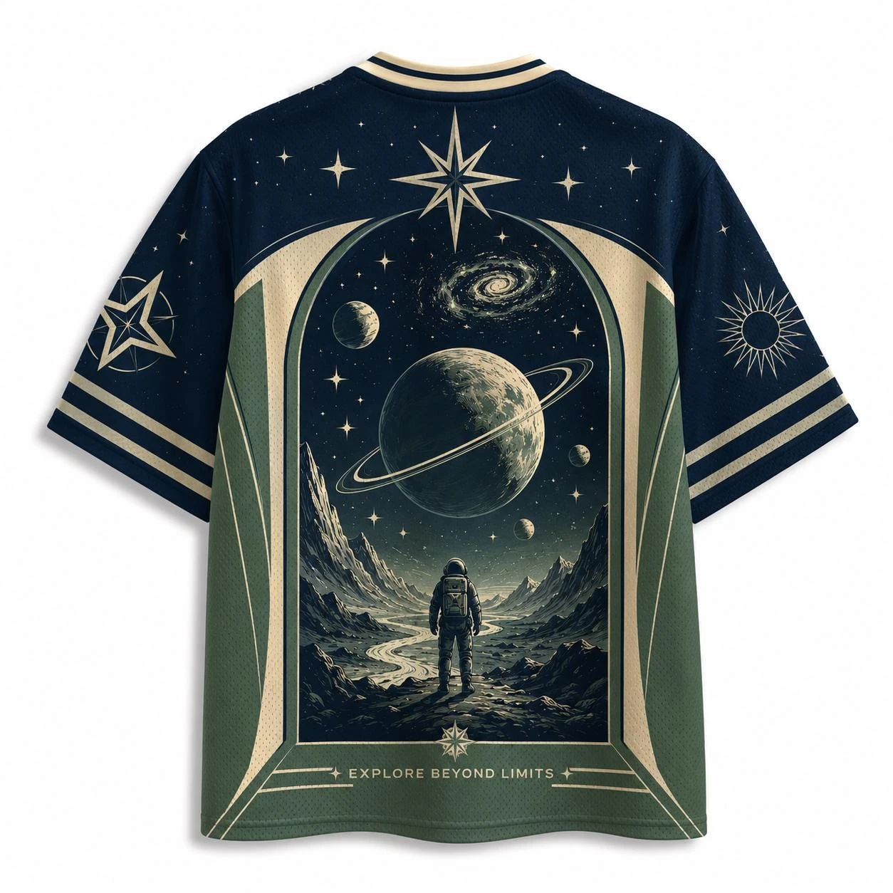 Neuestes Unisex Vintage T-Shirt mit Weltraum-Astronauten- und Planeten-Print, trendiges urbanes Street-Style V-Ausschnitt Kurzarm-Freizeit-Oberteil – Detail 7