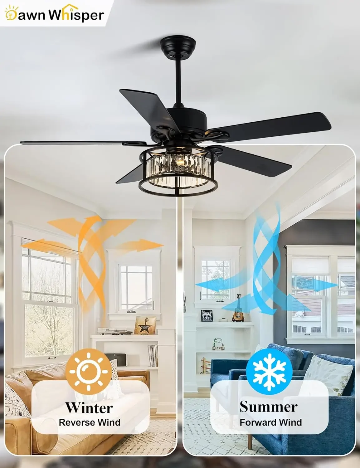 52인치 샹들리에 천장 선풍기 (조명 및 리모컨 포함), 저소음 양방향 DC 모터, 블랙 케이지 모던 침실용 천장 선풍기