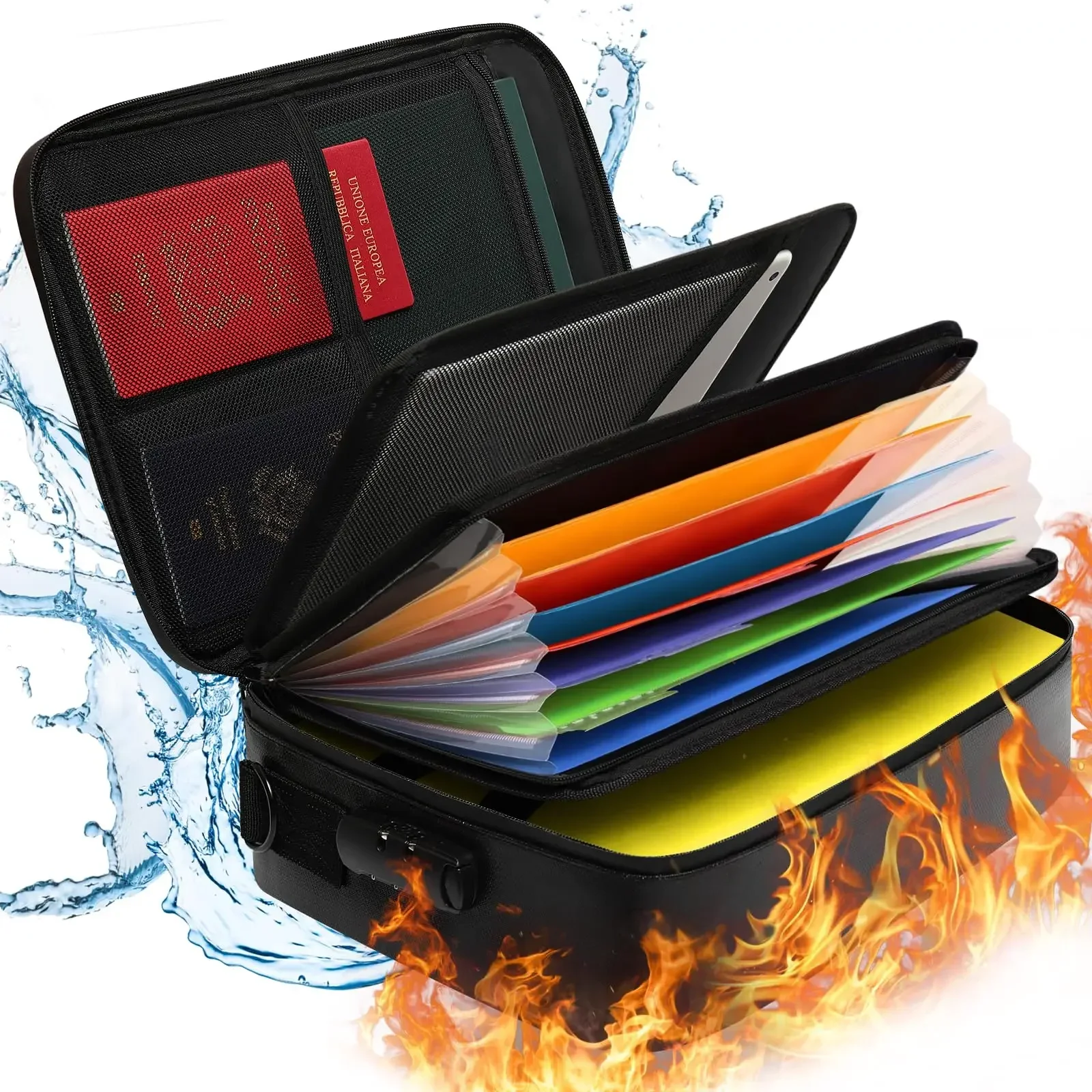 

Document Bag Fireproof Folder Organiser A4 File Folder with 12 Compartments Expanding File Lockable Multilayer Document Box