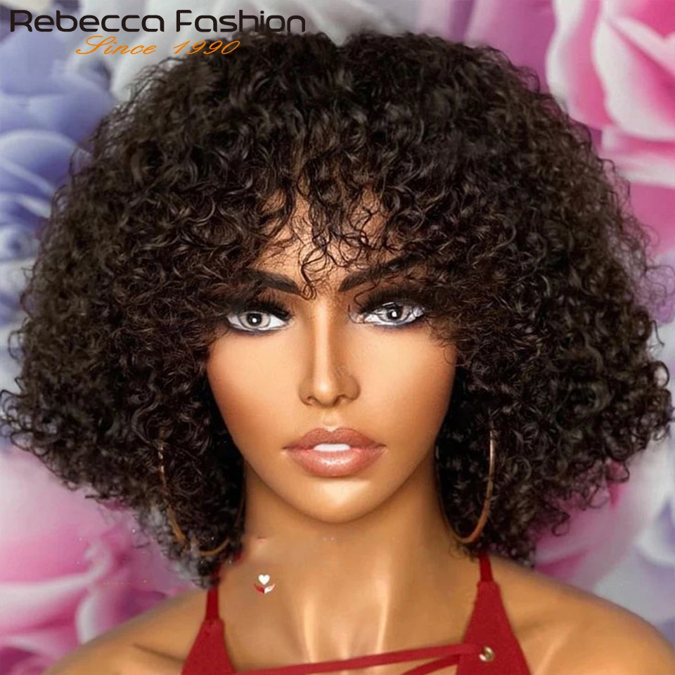 Rebecca Short Curly Human Hair Bangs Wigs For Women Remy Ombre Brown Loose Deep Wavy Human Hair Wigs Brazilian Deep Curly Wigs