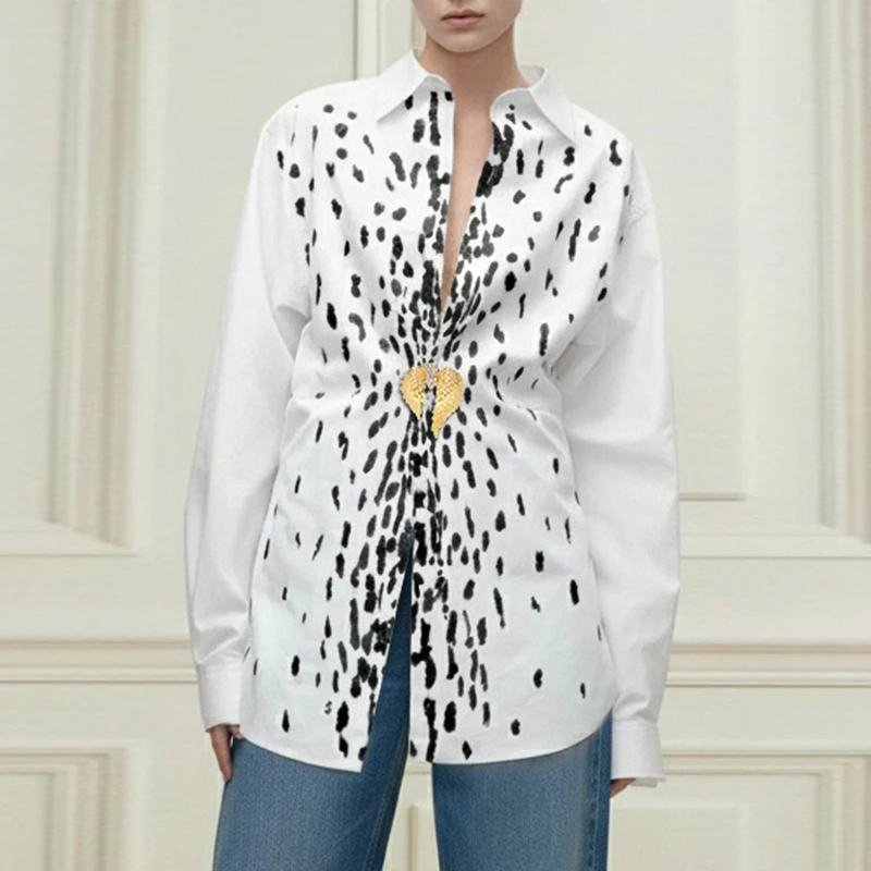 

Modigirl 2026 Spring Woman 100%Cotton Shirts White Zebra Print Fashion Gold Buckle Waist Design Elegant Loose Chic Top for Lady