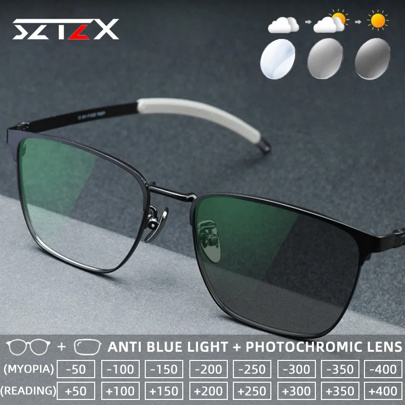 

SZTZX Ultralight Durable Titanium Photochromic Reading Glasses Anti Blue Light Myopia Glasses Progressive Prescription Eyewear