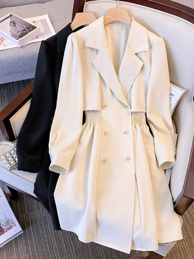 

Classic Apricot Autumn Trench Coat Women Korean Fashion Double Breasted Elastic waist Spring Overcoat Suit Collar Windbreaker