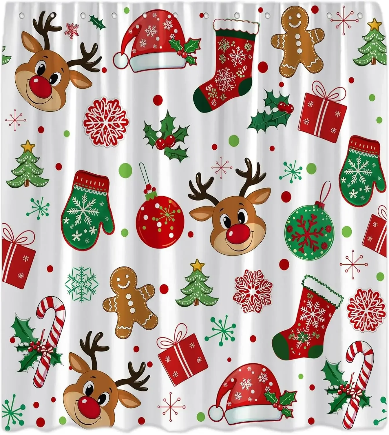 Christmas Shower Curtain Cute Reindeer Cookies Snowflake Red Green Xmas Balls Pine Tree Candy Holly Berry Winter Holiday Happy