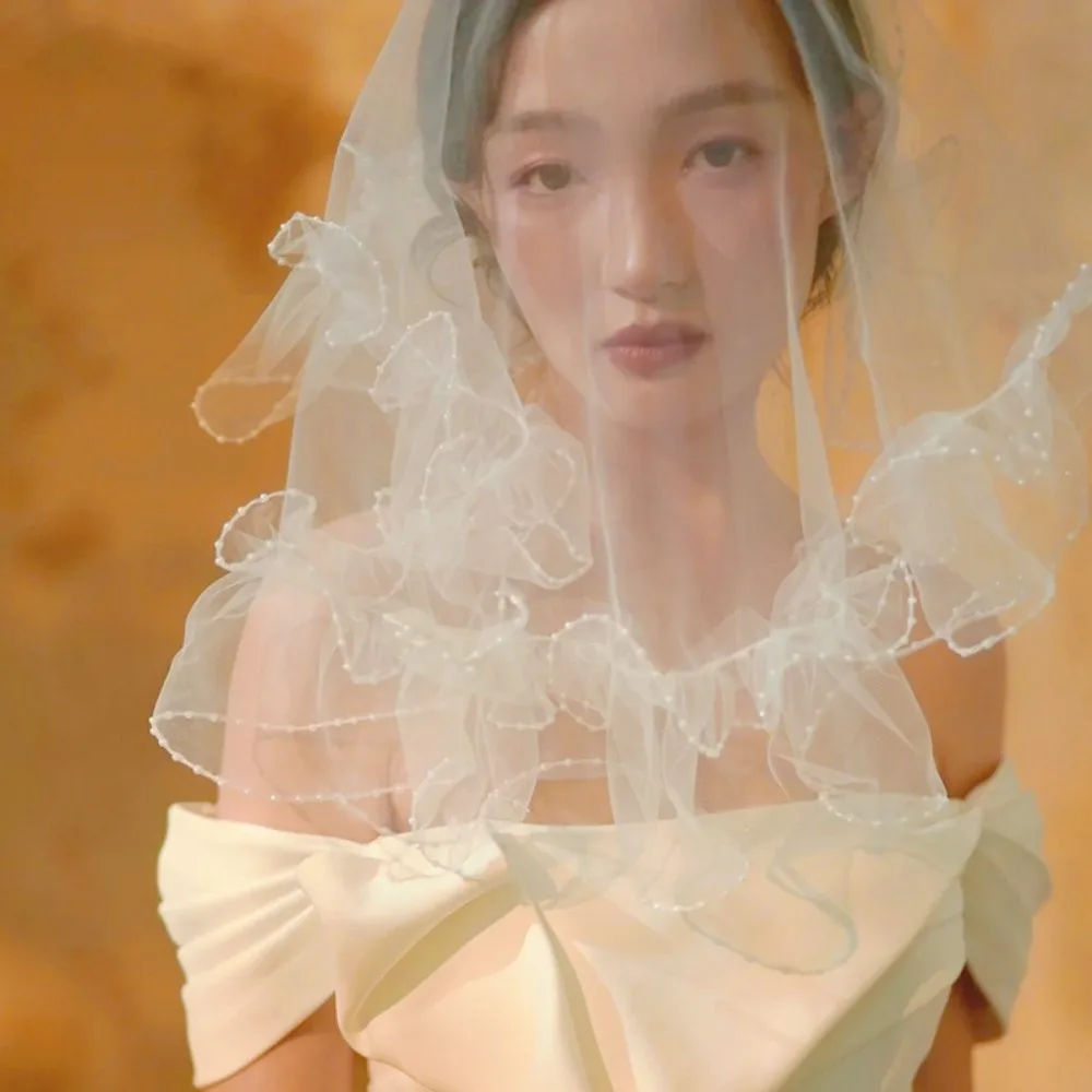 Simple Ruffle Pearl Trim Blusher Veil Short Wedding Veil for Bridal Elopement Photoshoot Wedding Accessoires