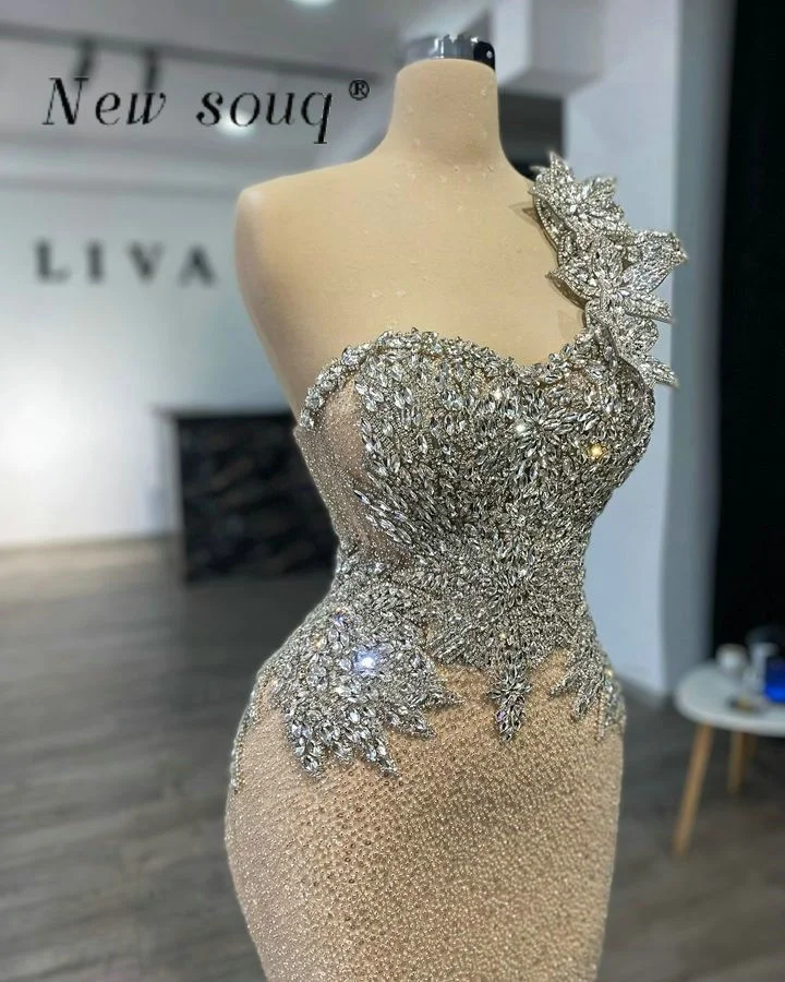 Elegant Champagne One Shoulder Long Bead Mermaid Evening Dresses with Sparkle Crystals Formal Party Gowns Customized