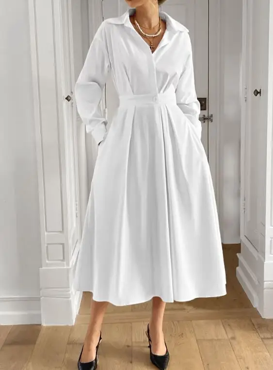

Women Dress 2026 Spring Autumn New Solid Color Turn-Down Collar Pocket Design Long Sleeved High Waist Casual Shirt Long Dress