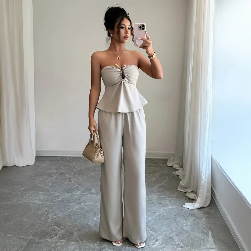 

European American Elegant Simple Tube Top Straight Pants Suit for Women Spring Summer